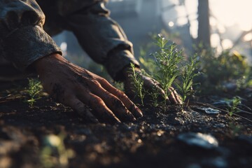 Close-up of gardener's hands planting young seedlings in fertile soil on a sunny day, sustainable agriculture, nurturing growth, eco-friendly farming, organic gardening, environmental conservation