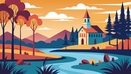 Naklejka premium Serene landscape illustration with a winding river colorful trees mountains and a charming church at sunset