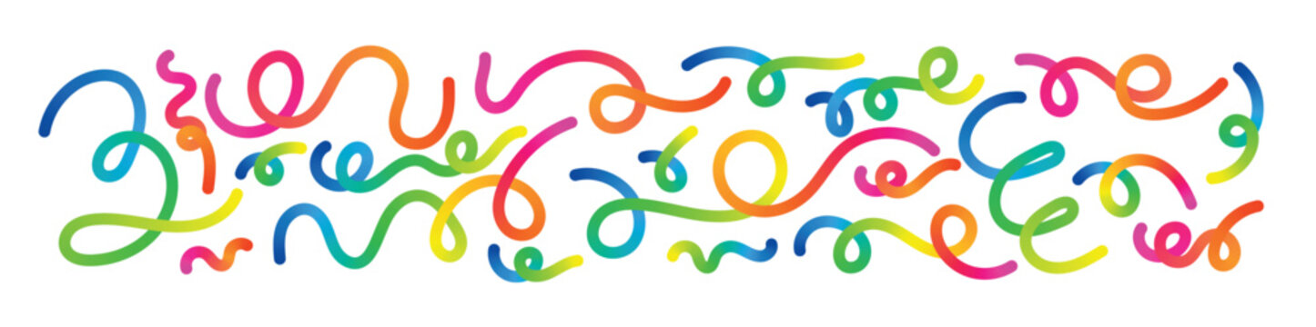 Abstract rainbow gradient wavy lines pattern. 3D colorful swirl ribbons forming playful curves and dynamic strokes. Bright fluid squiggly shapes on white background for modern abstract design