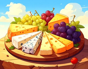 A colorful assortment of cheese slices and grapes on a wooden board