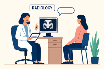 Flat vector of radiologist discussing post-scan follow-up with patient in office