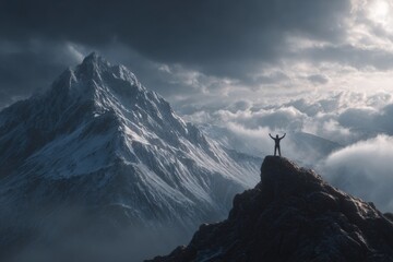 Triumphant hiker on rugged mountain peak under dramatic cloudy sky adventure achievement in breathtaking alpine landscape conquering nature wilderness perseverance victory success exploration