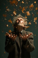 Elderly man looking up thoughtfully in autumn, with falling leaves, wearing brown tweed jacket, lean figure, dramatic lighting, mystery and contemplation in natural setting