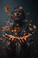 Man experiencing emotional transcendence with falling leaves in dim light, hopeful expression symbolic of struggle, spirituality, and transformation autumn scenery