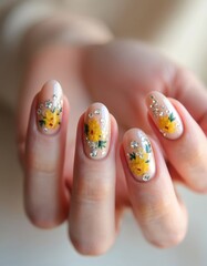 Close up shot presents female hand with floral nail design, rhinestones. Flower nail art, manicure, beauty, artistry, creativity, feminine style. Stylish trendy nail design for beauty salon catalog.