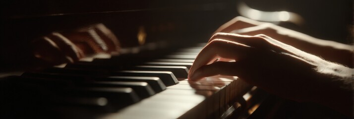 Close-up of hands playing piano keys in soft warm lighting, musician performing classical music, artistic expression, creativity, and passion in musical performance