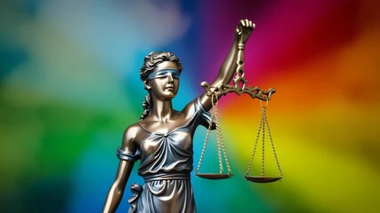 Justice statue holding scales symbolizes legal balance in dynamic rainbow colors - Powered by Adobe