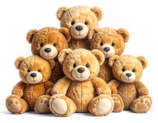A cluster of fluffy brown teddy bears arranged on a white background