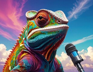 A colorful chameleon with a microphone against a vibrant sky