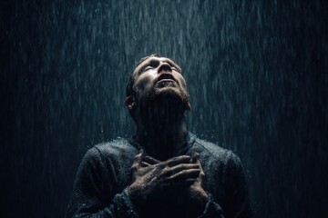 Dramatic emotional man standing in heavy rain, looking upwards, hands on chest, dark moody lighting, feeling overwhelmed, capturing deep emotion, rainstorm, despair, and reflection