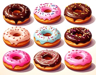A colorful illustration of nine assorted donuts, each with unique frosting and sprinkles