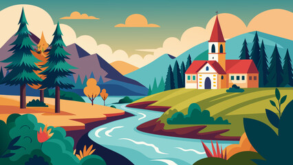 Obraz premium Church in the riverside landscape scene