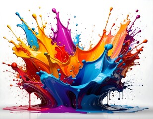 A colorful paint splash erupts against a clean white background