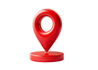 Shiny red map marker, center-aligned, on a red stand
