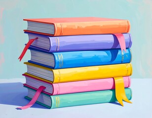 A colorful stack of books, with bookmarks