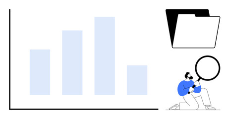 Bar graph visualization with person examining data using magnifying glass beside file folder icon. Ideal for data analysis, research, insights, statistics, organization, file management, simple flat