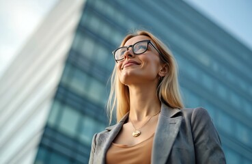 Young blonde woman wearing glasses smiles and looks up. She stands outside a modern glass building, embodying success and aspiration. Represents a bright future.