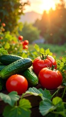 Freshly harvested garden vegetables bathed in warm sunset light