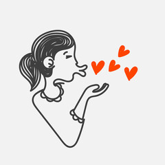 cartoon cute girl throwing kiss love with funny mouth in doodle style