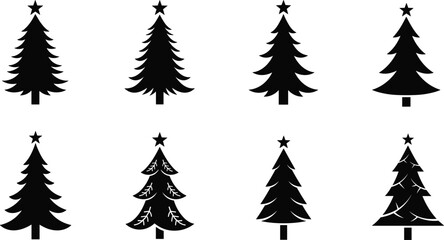 Collection of Christmas tree silhouettes with star, black and white festive pine tree icons, minimalist winter holiday decoration design for vector art and print