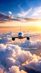 A commercial aircraft soaring above fluffy white clouds at golden hour