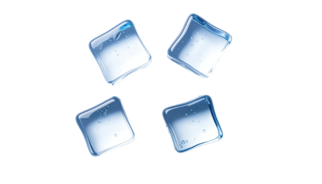 Four clear, transparent ice cubes on solid black background