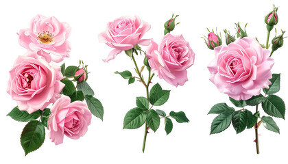 Three pink roses with buds and green leaves on black background