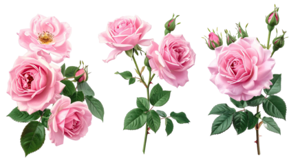 Three pink roses with buds and green leaves on black background