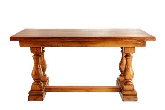 Antique wooden table with turned legs isolated on transparent background