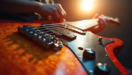 Close up shot of hands playing electric guitar. Warm golden light shines on instrument. Musician strums strings, creating music. Focus on details of guitar body, pickups. Performing song practicing