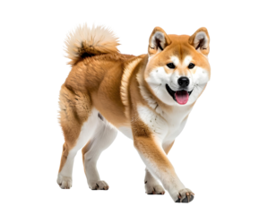 Adorable Akita Inu dog in playful walking pose, funny and cute expression, isolated on transparent background, PNG