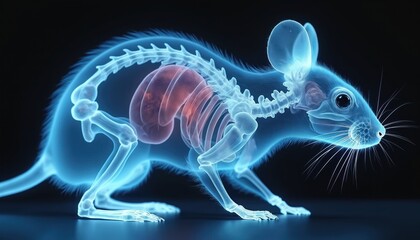 X-ray of mouse shows internal skeleton and organs. Blue transparent rodent displays bones and red inner body parts. Scientific medical research visualization of mammal.