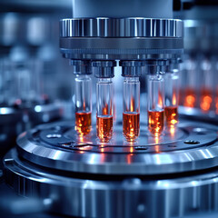 Centrifuge laboratory machine with glass test tubes and colored liquid, photorealism, macro close-up, artificial light, sharp details