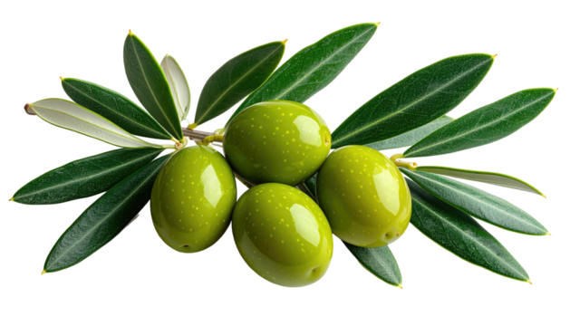 Olive branch green olives, leaves, and stems on black background