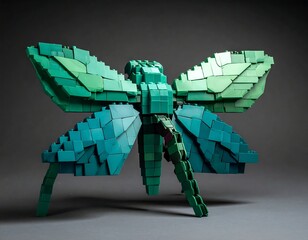 A constructed insect, green tones, on a dark gray backdrop