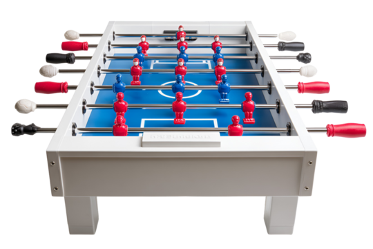 White foosball table with red and blue players isolated on transparent background