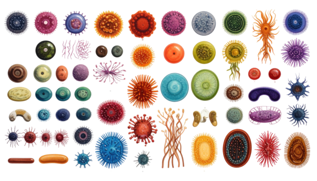 Diverse colorful circular/oval forms arranged on a black background