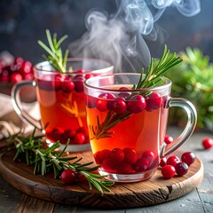 Warm cranberry beverage with rosemary and berries on a wooden board in a cozy setting