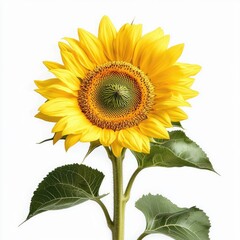 Obraz premium Bright and Vibrant Sunflower with Detailed Petals and Rich Green Leaves Against a Clean Background