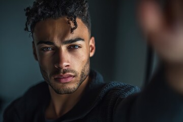 Fototapeta premium Handsome young man smiles while taking a selfie indoors in a cozy setting during the evening, highlighting his curly hair and expressive eyes