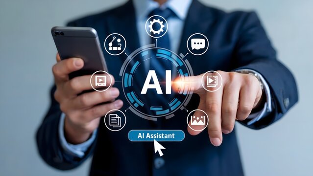 A person in a dark suit holding a smartphone with glowing digital overlays showing ai icon functional tools and an ai assistant button
