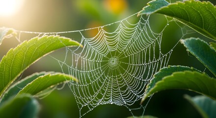 Delicate spider web glistening with morning dew against green foliage