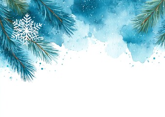 winter wonderland border, replace flowers with crystalline snowflakes and frosted pine sprigs, cool blue watercolor gradients, gentle sparkle, ample space for holiday text