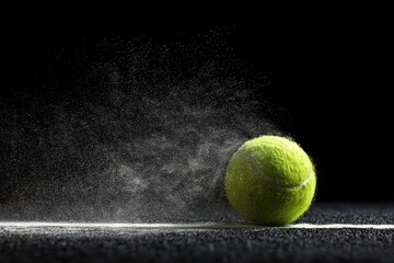 Tennis ball bounces on black surface, creating a cloud of dust in a dynamic motion shot at a sports venue