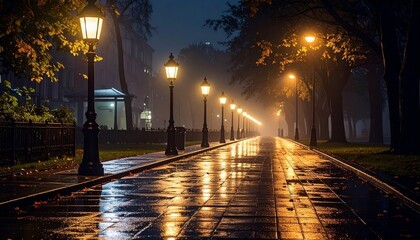 Evening stroll along a quiet, misty street with glowing lampposts at night