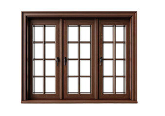 Brown three-panel window with grids and dark border