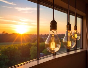 Sunset view with hanging light bulbs creating a warm atmosphere in a cozy room