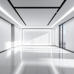 Modern empty interior space with large windows and clean lines