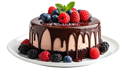 Berry-topped chocolate cake drips with glossy icing on a plate