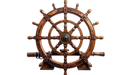Intricate wooden ship's wheel against black backdrop